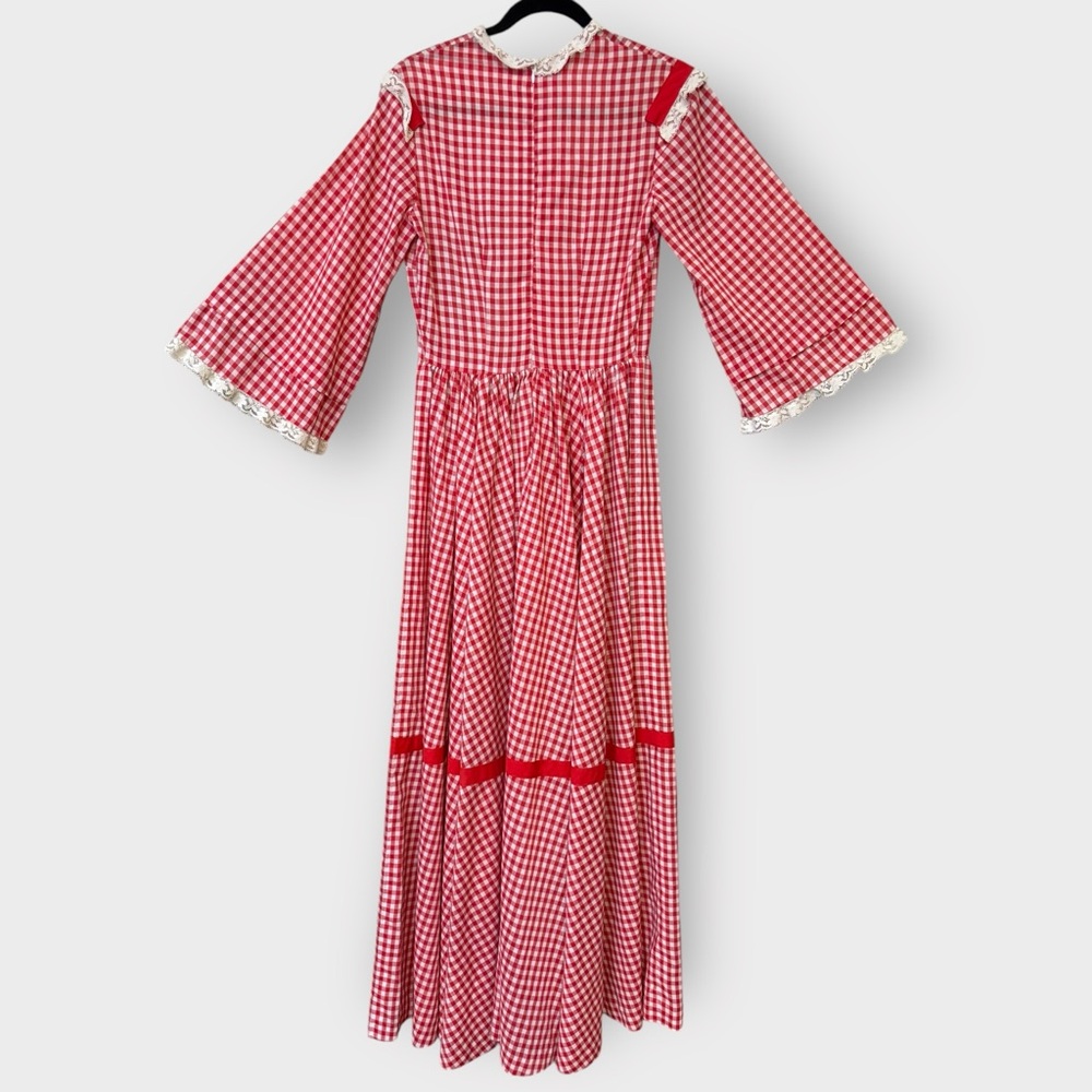 Vintage 1970’s Gingham Red & White, Flare Sleeve, Lace, Fit & Flare Maxi Dress - Picture 8 of 8